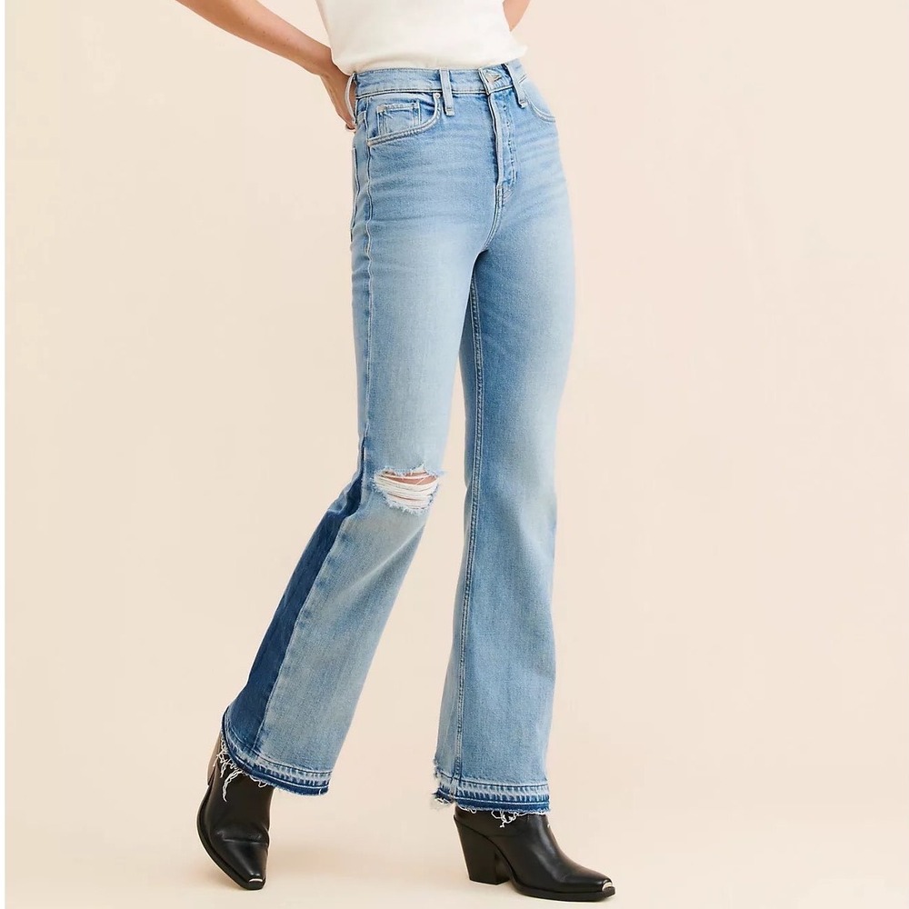 Anthropologie Hudson Faye High Rise Flare Jeans Two Tone Distressed Blue Size 30